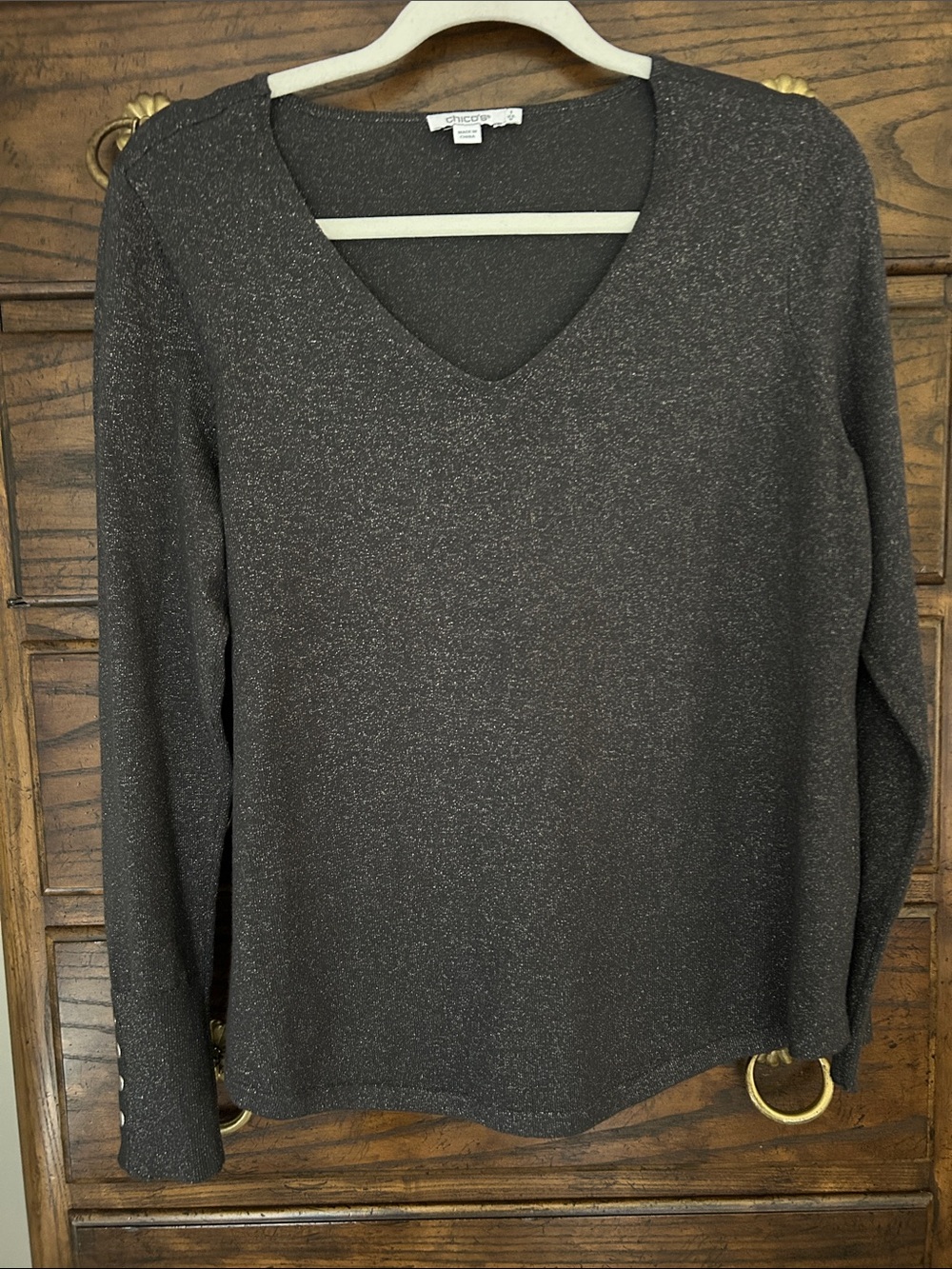 Chico's Women’s Metallic Charcoal V-Neck Sweater, Size M